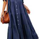 R.Vivimos Women's Summer Cotton Half Sleeves Button Down Casual Loose Slit Midi Dress with Pockets, Medium
