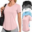 Locoowai 5 Pack Women's Workout Shirts V Neck Quick Dry Tops UPF 50+ Short Sleeve UV Gym Basic Tee Side Slits Curved Hem