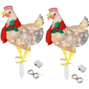 4 PCS Light Up Chicken with Red Scarf Holiday Decoration 16inch Chicken Christmas Decorations Lighted Chicken Pre Lit Xmas Lights for Outside Patio Yard（Not 3D）