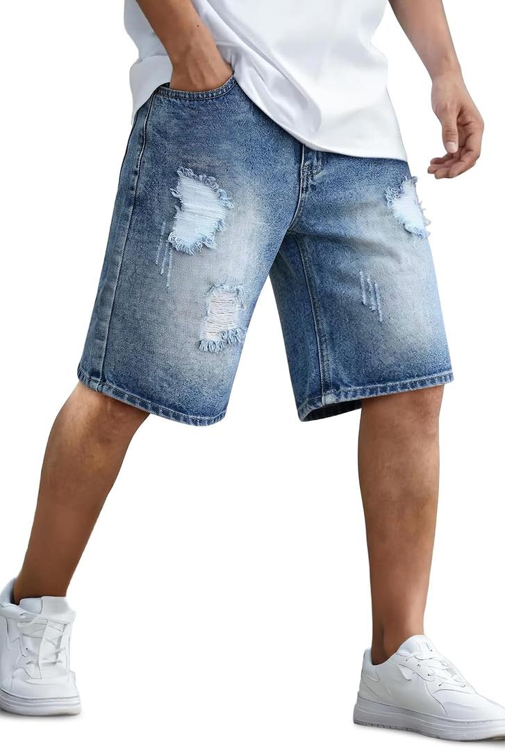 Mens Baggy Denim Shorts Summer Loose Fit Casual Wide Leg Rigid Jean Shorts (Blue) Size 32