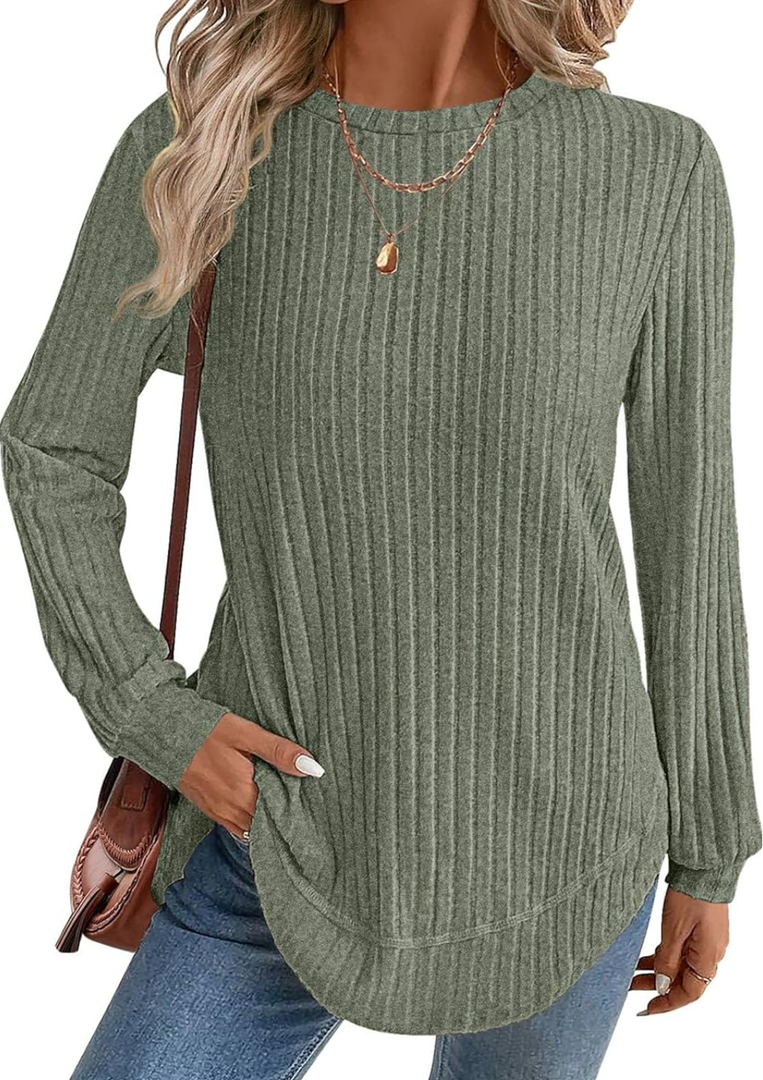 JUSTFASHIONNOW Womens Long Sleeve Shirts Trendy Sweaters Lightweight 2025 Casual Crewneck Fall Tunic Tops Loose Fit Dressy S