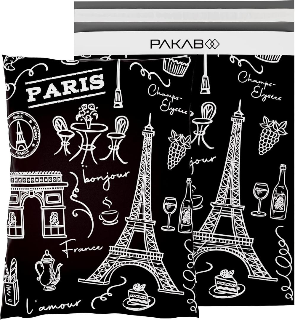 PAKABOO Poly Mailer Shipping Bags 6x9 Inch, 100 Pack, Non-Padded Envelopes with Tamper Proof Self-Seal, Paris Print Packaging