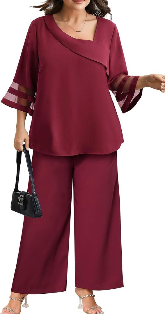 AOVDE Plus Size Pant Suits 2 Piece Casual Dressy Pantsuits Mesh Panel Bell Sleeve Outfits for Women Evening Dinner Party (Red)