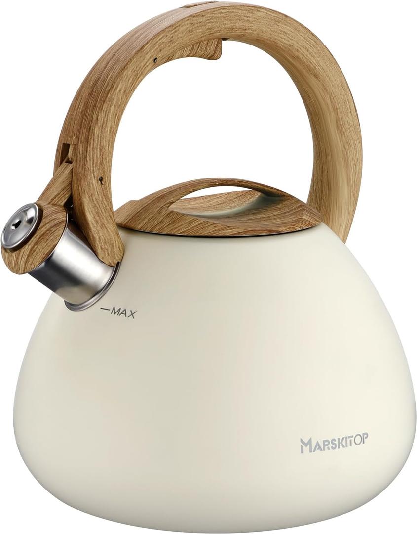 MARSKITOP Tea Kettle Teapot for Stovetop, 2.6 Quart Whistling Tea Kettle for Stove Top, Food Grade Stainless Steel Tea Pot with Wood Pattern Handle, Cream White