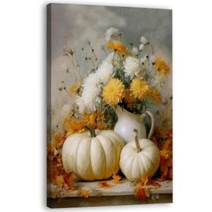 Zeuiwr Fall White Pumpkin Floral Framed Wall Decor, Farmhouse Rustic Cottagecore Autumn Pumpkin Canvas Wall Art, Retro Fall Pictures Prints Artwork for Home Bedroom Living Room Decor, 16x24 Inches