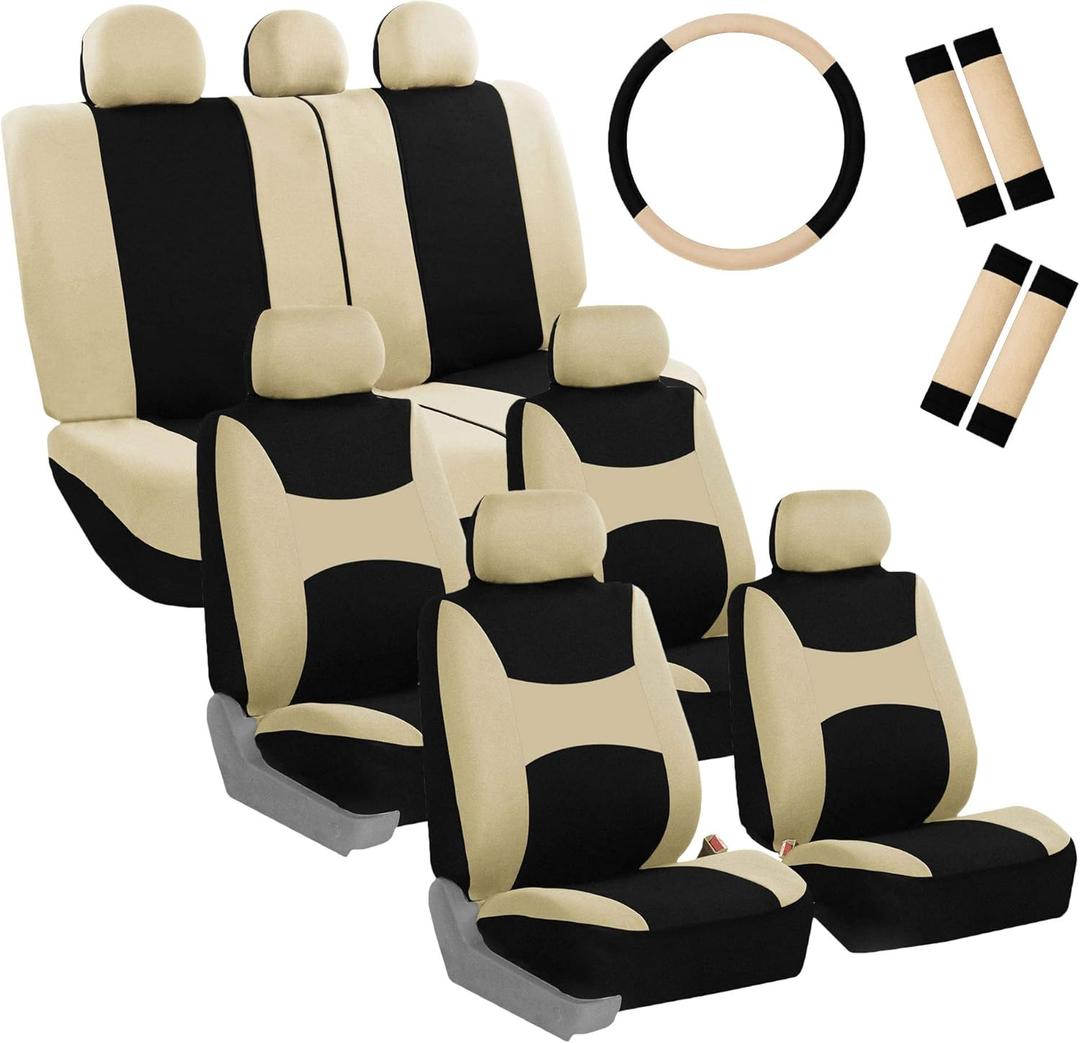FH Group Light & Breezy Cloth Car Seat Covers, 7 Seater Three Row Set- Airbag & Split Ready -Universal for Cars Trucks and SUVs Beige/Black
