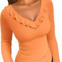 VICHYIE Womens Long Sleeve Shirts V Neck Ruffle Hem Slim Fitted Ribbed Knit Trendy Tee Tight Tops (Large)
