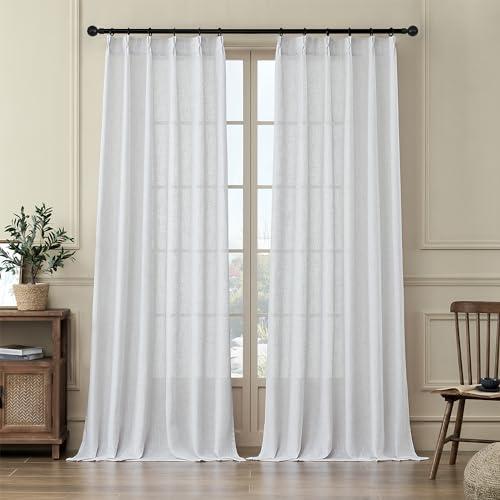 MASWOND White Pinch Pleated Curtains 90 Inches Long 2 Panels for Living Room Semi Sheer Linen Curtains Pinch Pleat Drapes for Traverse Rod Light Filtering Curtains for Dining Bedroom W38xL90 Length