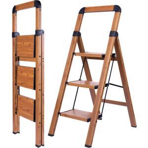 Step Ladder 3-Step Woodgrain Finish Aluminum Folding Step Ladders,Anti-Slip Max 330 lbs