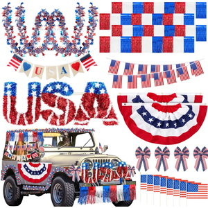 Moucuny 25 Pcs 4th of July Car Parade Decorations Kit Metal Wire Garland Fringe Garlands American Flags Fan Shaped Hanging Flag Banner Bows and USA Tinsel Wreath for Independence Day Car Parade