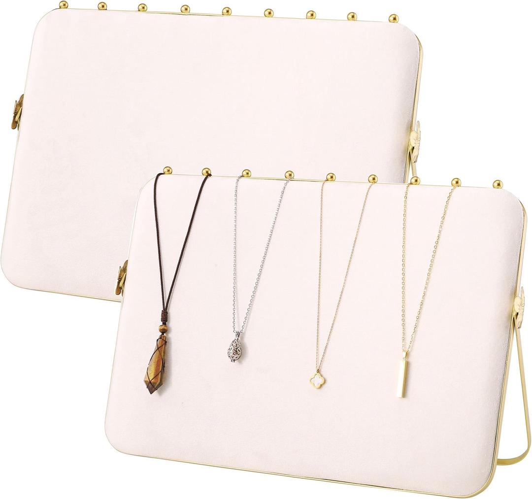 Mornajina 14 x 10 inches Necklace Display Stands for Selling, Double-sided Velvet Necklace Display for Vendors Craft Show Display Stands Chain Jewelry Necklace Organizer Stand Holder (Beige, 2 Packs)