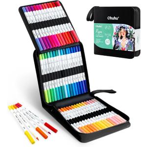 Ohuhu Markers Paper-friendly No Peeling Water-based 60 Colors Dual Brush Fineliner Tips Markers for Adult Coloring Books No Bleeding Coloring Markers for Kids Beginner Calligraphy - Pupe