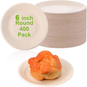 400 Count Brown Disposable Plates, 6 Inch Unbleached Paper Plates, Heavy Paper Plate, Eco Friendly Sugarcane Pulp for Party Wedding Picnic BBQ