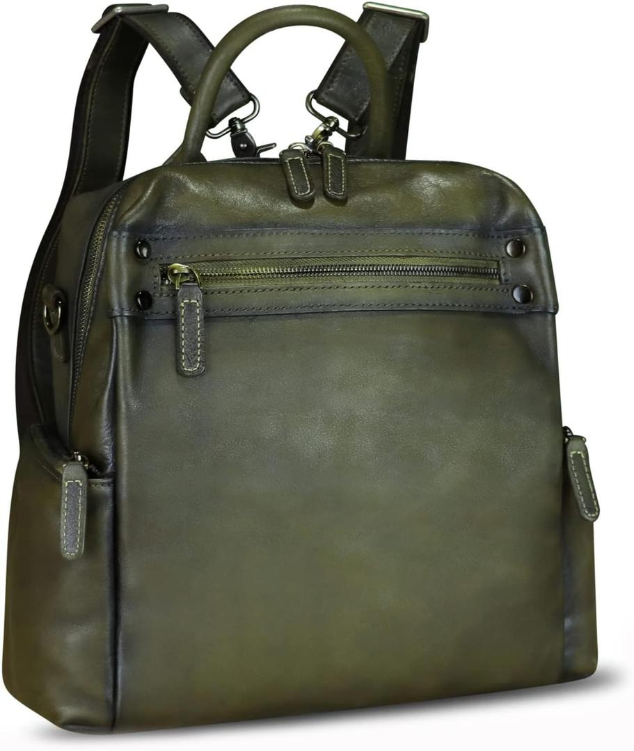 Genuine Leather Backpack Purse for Women Vintage Casual Daypack Knapsack Handmade Rucksack Convertible Shoulder Bag (Green) Medium