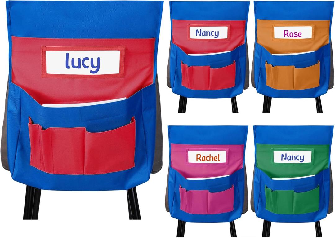Talltalk 12 Pcs Chair Pockets Bulk 15" W x 19" H Chair Back Pocket Chart Seat Back Organizer with Name Tags for Classroom Supplies(Assorted Colors)