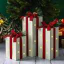 Barydat 3 Pcs Christmas Lighted Gift Boxes Decoration Christmas Table Centerpiece Rustic Wooden Gift Boxes Xmas Table Decoration with Plaid Bow Tie for Holiday Xmas Party Decor, 3 Sizes