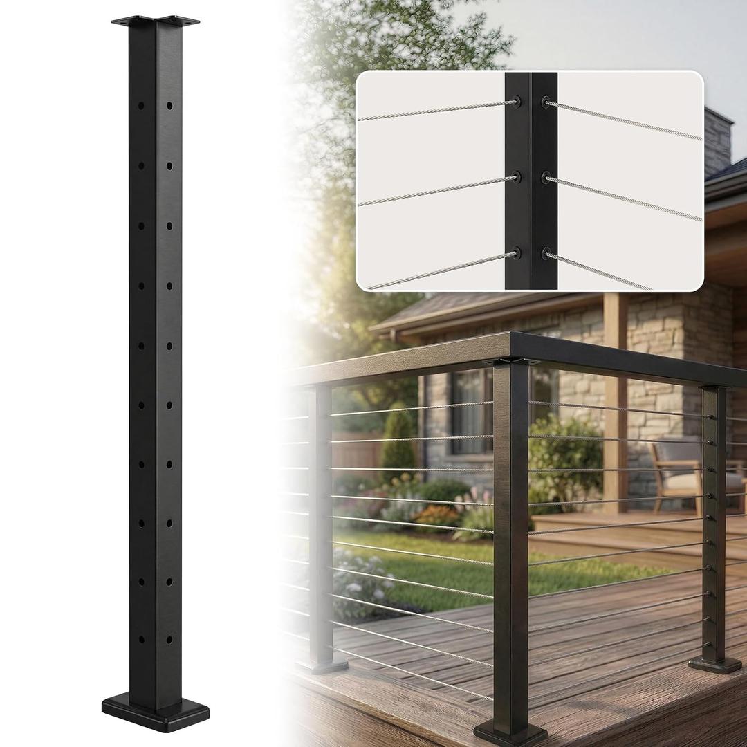Sidasu 36IN Cable Railing Corner Post with Fixed Top, L Shape Deck Cable Railing Post for Cable Railing System, Matte Black Finish,P02