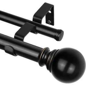 KAMANINA Black Double Curtain Rods 36 to 72 Inches(3-6 Feet), 1 Inch Heavy Duty Curtain Rods for Windows 28 to 48 In, Telescoping Curtain Rod for Bedroom, Dual Curtain Rod with Round Finials