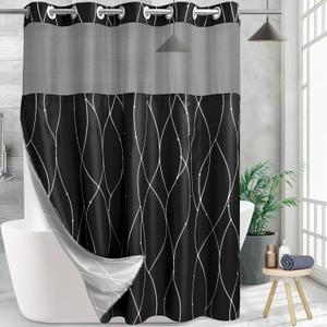 Black White Striped Fabric Shower Curtain with Snap in Liner for Bathroom Bathtubs,Hotel Shower Curtain and Liner Set with See Through Mesh Top Window,Machine Washable (71" W X 74" H)
