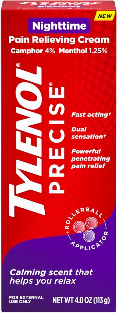Tylenol Precise Nighttime Pain Relieving Cream, Topical Relief with 4% Camphor & 1.25% Menthol for Fast Acting & Penetrating Joint & Muscle Pain Relief, Calming Scent for Relaxation, 4 oz, EXP JUN2027