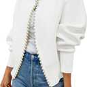 ZESICA Women's Open Front Cardigan Sweater 2026 Spring Casual Knitted Long Sleeve Pearls Trim Outerwear Coat Trendy Clothes, Size: X-Large (White)