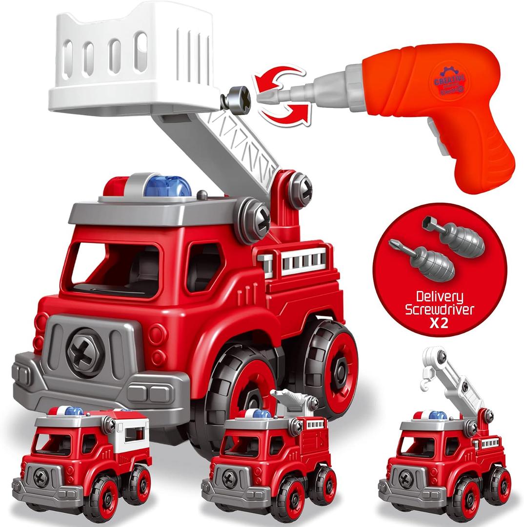 4-in-1 Take Apart Toys Truck with Electric Drill, DIY Assembly Fire Truck Toy Vehicles, Kids STEM Building Educational Cars Toys, Birthday Gifts for Age 3 4 5 6 7 8 Years Old Boys Girls, Large