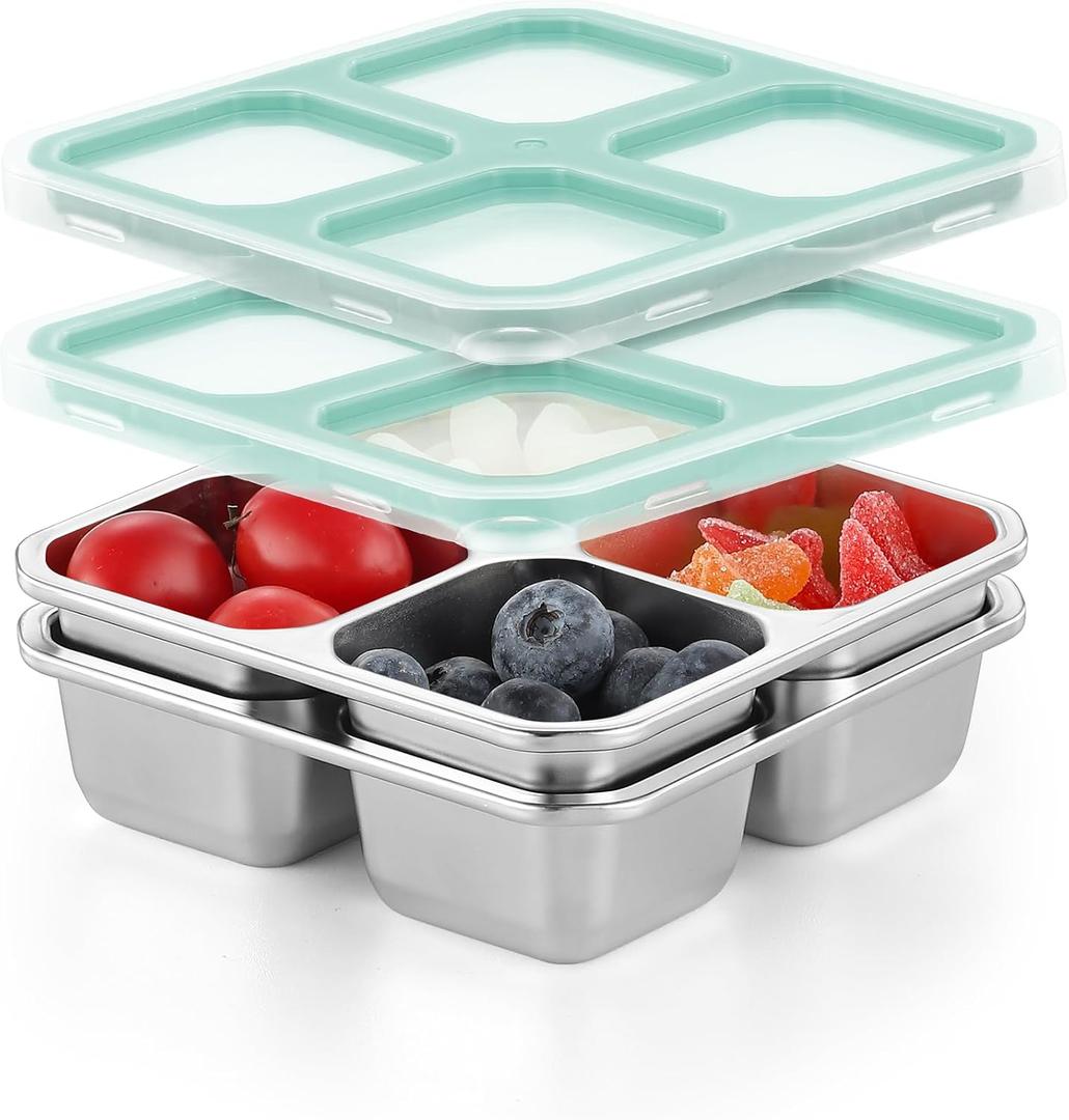 BEFOY 2 Pack Stainless Steel Snack Containers with Lids 4 Compartment Food Storage Containers for Adults Meal Prep Reusable for work or going out(blue, 2 packs)