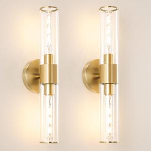 Gold Wall Sconces Set of 2, Hardwired Bathroom Vanity Light Fixture, Brass Sconce Wall Lighting, Modern Wall Light Set of Two, Cylinder Lamp for Bathroom Mirror Hallway Bedroom (Bulbs Required) (Clear Glass)