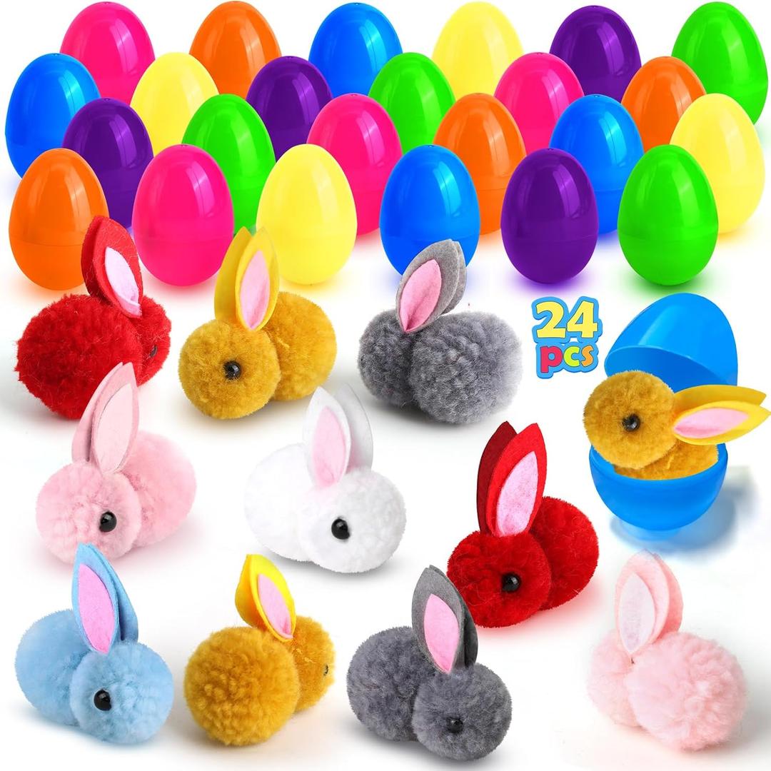 LEASEN 24 Pack Easter Egg Fillers with Plush Bunny Toys Inside, Easter Eggs Filled with Plush Toys Inside, Mini Bunny Stuffed for Easter Hunt, Easter Party Favor, Basket Stuffers Fillers