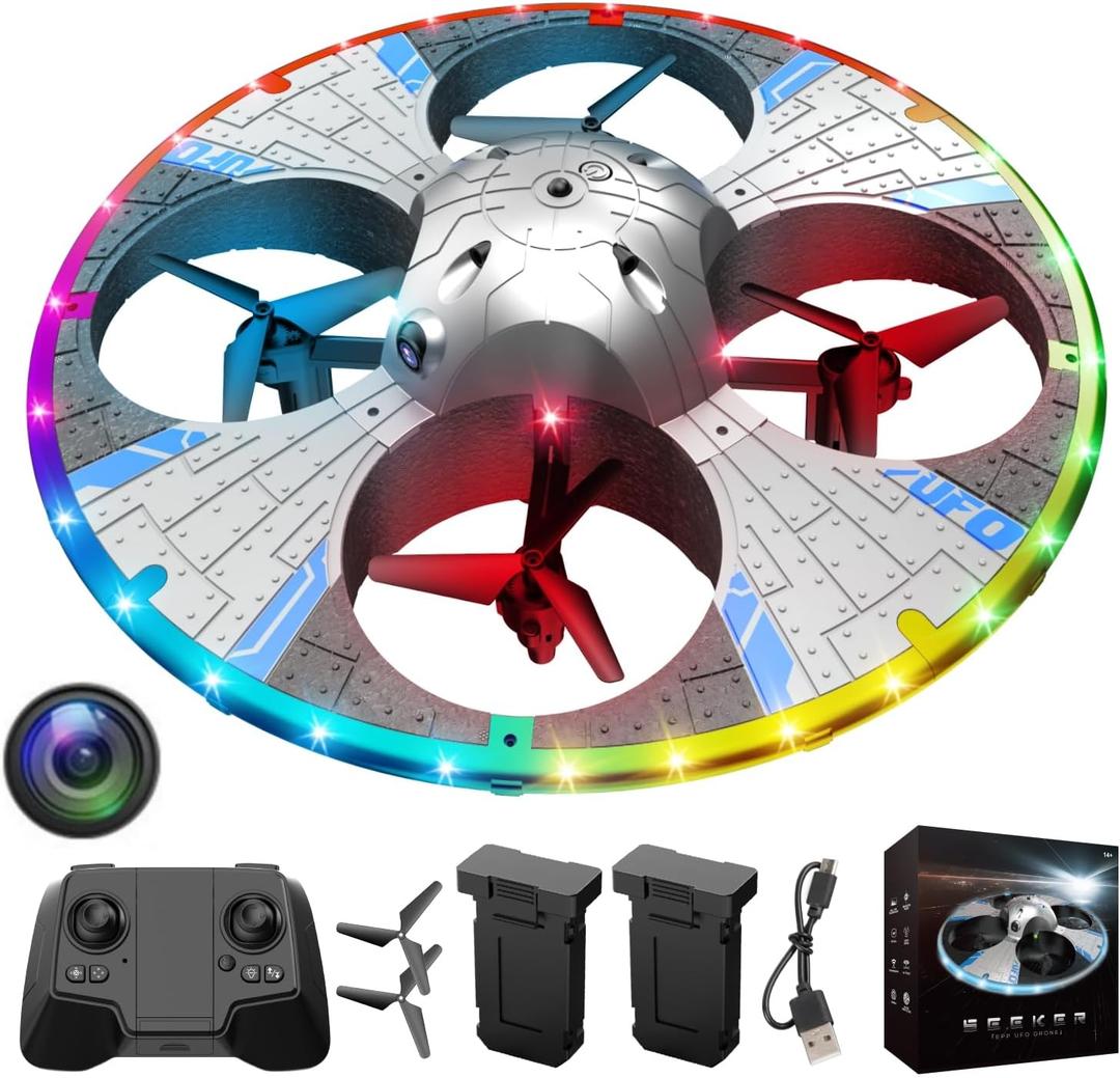 Round Foam RC UFO Drone with Camera, Multi-Color LED Lights (Color Switching), 360 Flips, Speed Adjustment, Remote Control Plane Helicopter, One-Key Takeoff/Landing, Beginner-Friendly FPV Quadcopter Airplane (Silvery)
