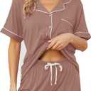 Womens Pajama Sets Short Sleeve Sleepwear Soft Button Down Nightwear Lounge Pj Set XS-XXL (Brown, M)
