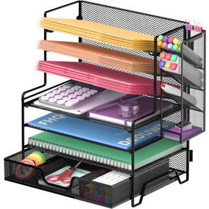 4 Tier Desk Organizer + 3 Tier File Holder + 4 Pen Holders + Drawer, 7 Tier Desk File Organizers, Desk Organizers and Accessories for Office Home School, Black