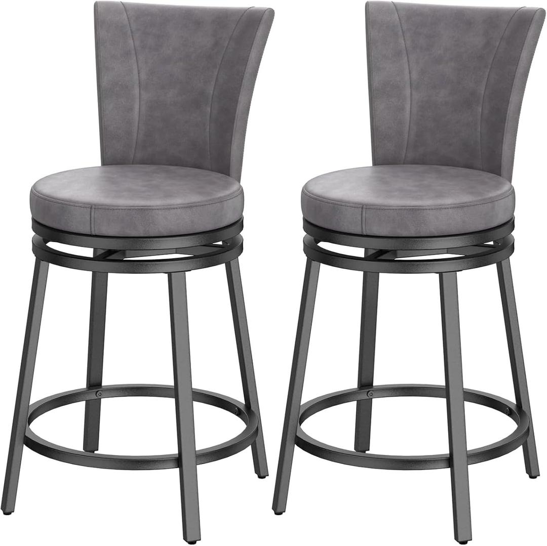 Bar Stools Set of 2, Counter Height Swivel Bar Chair with High Backrest, 24" Round Seat Barstools for Kitchen Island, Pub, Metal Base, Upholstered PU Leather Dining Chairs Grey