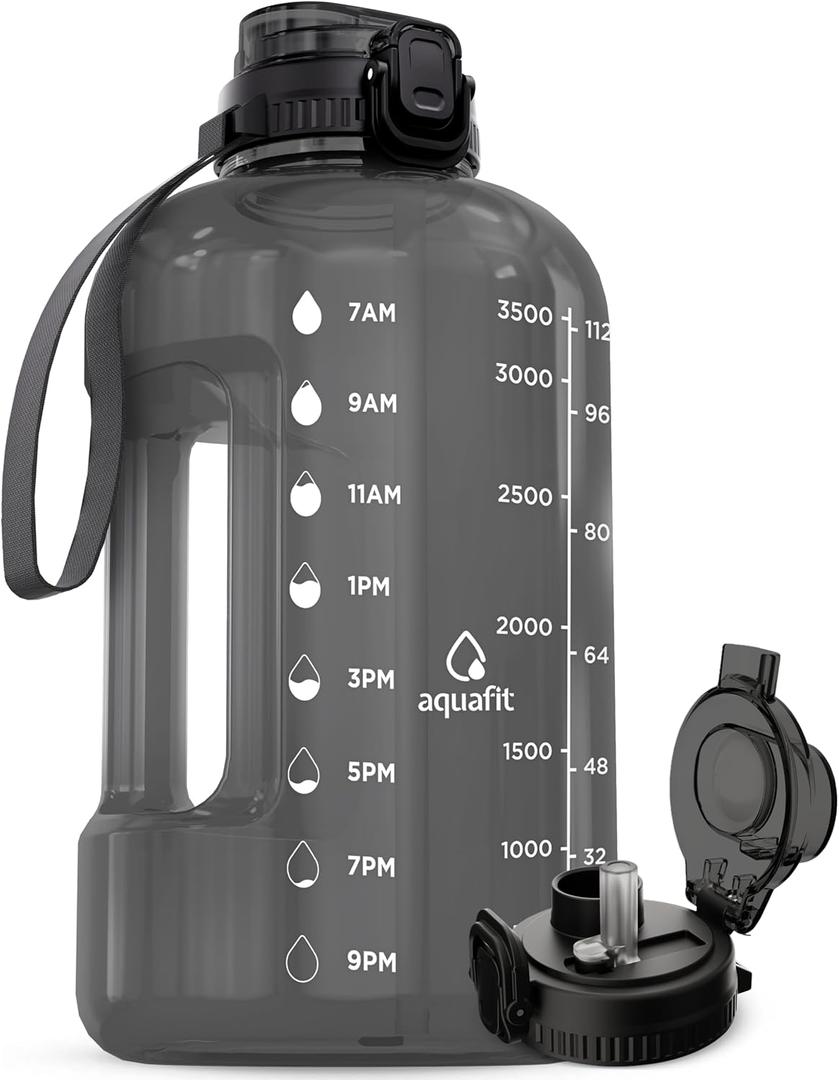 AQUAFIT 1 Gallon Water Jug with Time Marker - BPA Free 128 oz Gym Water Bottle with Straw, Handle, Gray