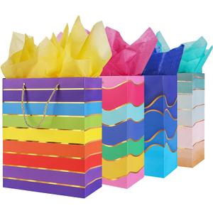 Cmecial 12.6" Paper Gift Bags with Tissue Paper, Extra Large Gift Bags with Handles, Birthday Rainbow Bag Large Size, Medium Birthday Bags Wrap Bag for Kids (12 Piece Set, Striped)