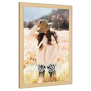 MOUDAMION Wood 24x36 Poster Frame, Rustic Natural 36x24in Woodgrain Picture Photo Frame, Modern Beige 24 x 36inch Gallery Wall Frame with HD Plexiglass, Horizontal Vertical Wall Mounting Display 1pcs