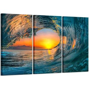 KREATIVE ARTS Large 3 Pieces Canvas Prints Wall Art Sunset Sea Water Ocean Wave Pictures Paintings Modern Stretched and Framed Seascape Giclee Artwork Ready to Hang for Living Room Home Decorations, 20x36inchx3pcs