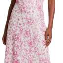 London Times Women's Dresses Square Neck Smocked Back Linen Blend Flattering Versatile Spring Summer Garden Party Dress, Ivory/Bright Fuschia, 18
