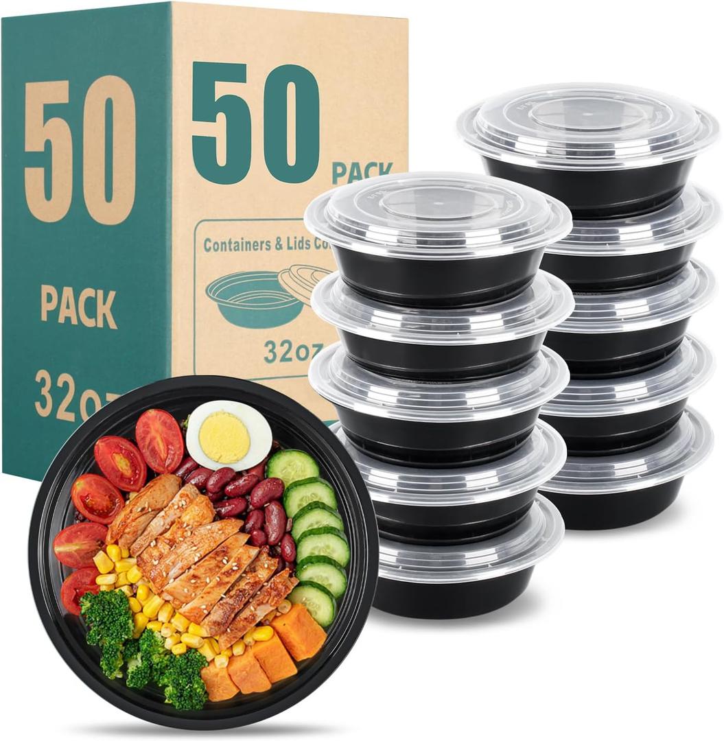 32oz Disposable meal prep containers with lids, 50 Pack (100-Piece) Black Round,Reusable take out food containers,BPA-Free,Stackable Bento Box,Lunch containers microwave Dishwasher safe