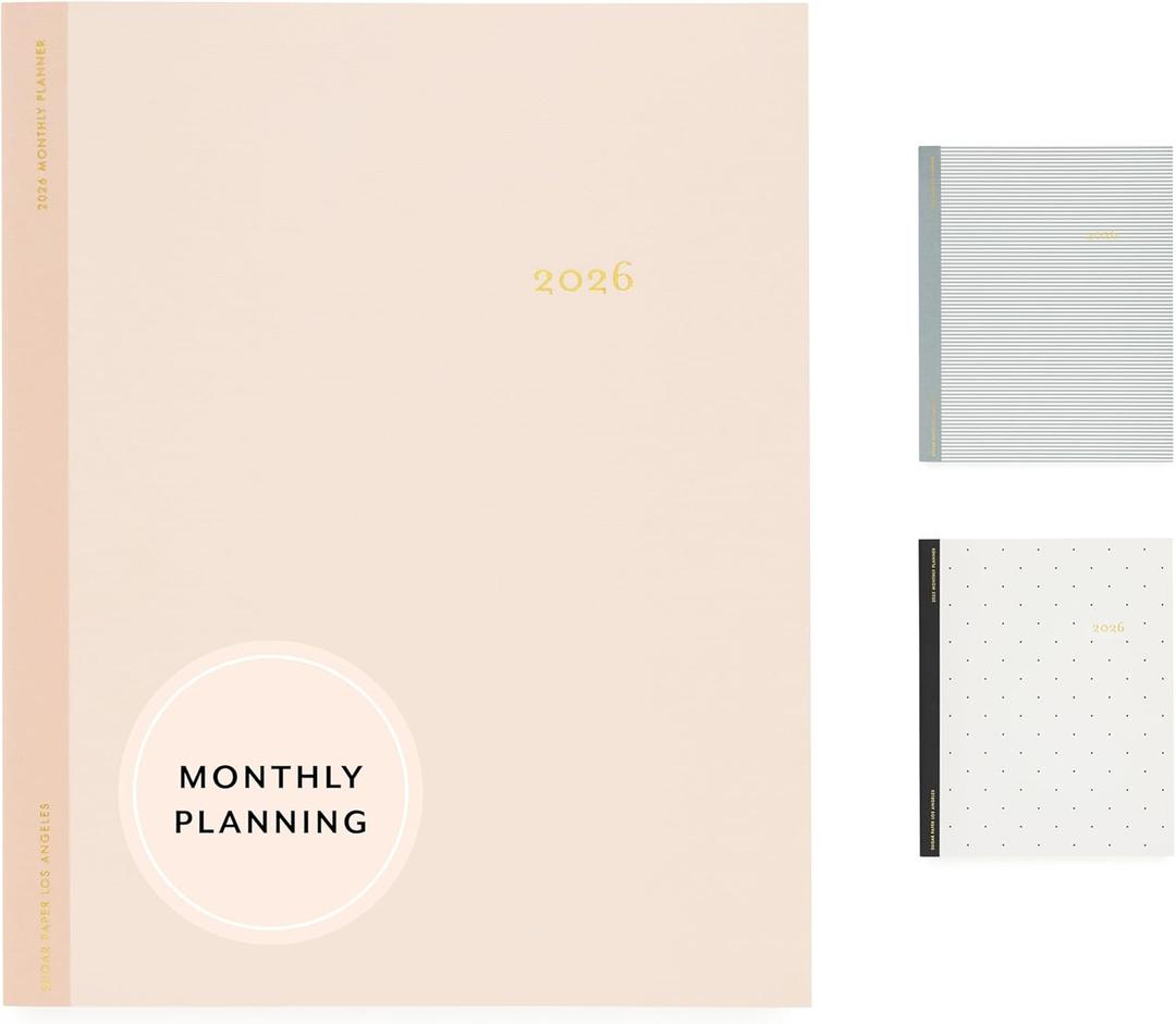 Sugar Paper 2026 Monthly Planner, January to December, 8" x 10", Calendar for Women, Flexible Matte Paper Cover, Fabric Tape Stitch Binding, 12 Month, Two Tone Pink