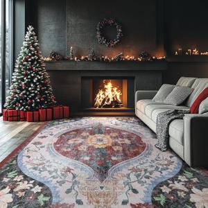 Boho 6x9 Area Rug Vintage for Living Room Machine Washable Low Pile Rugs Non Slip Stain Resistant Eco-Friendly Faux Wool Carpet for Bedroom (Red/Orange,6x9ft)