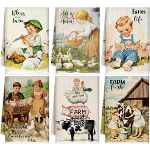 FuWeave 6 Pcs Farm Animal Kitchen Towels Country Retro Dish Towels Farmhouse Vintage Themed Absorbent Tea Hand Washcloth Rustic Gifts for Farm Animal Lovers Bathroom Decor Housewarming Gifts (Beige)