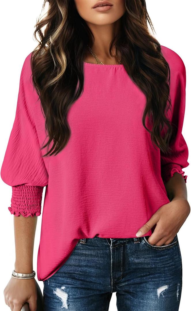 Dokotoo 3/4 Length Sleeve Womens Tops Dressy Casual Blouses Boat Neck Batwing Babydoll Top (Pink, XL)