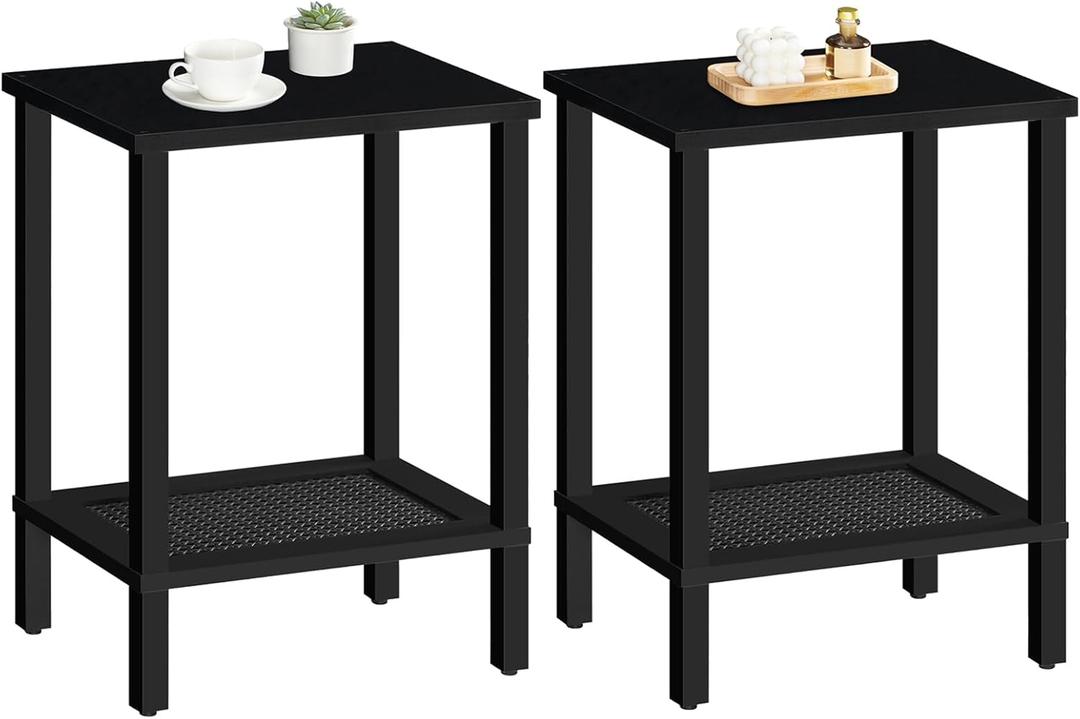 HOOBRO End Tables Set of 2, Small Side Tables with 2-Tier Storage Shelves, Nightstands with Faux Rattan Decoration, for Small Space, Living Room, Bedroom, Black BK91BZP201