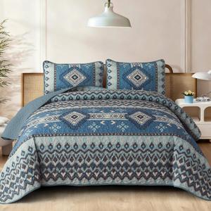 Dintszyayue Boho Quilt Set Queen Size, Aztec Western Blue Quilt Bedspread Set, 3 Pieces Bohemian Southwestern Stripe Bedding Set Soft Lightweight Coverlet Set for All Season