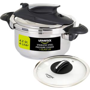 Universal (4.2 Quart / 4 Liter) Small Stainless Steel Easy Use Pressure Cooker + Extra Glass Lid, 5 Servings, Induction Compatible, Multipurpose Pot & Pressure Cooker
