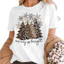 Leopard Christmas Tree Snowflake T Shirts Celebrate Christmas Vacation T Shirts Funny Merry and Bright Graphic Tees Tops (X-Large)