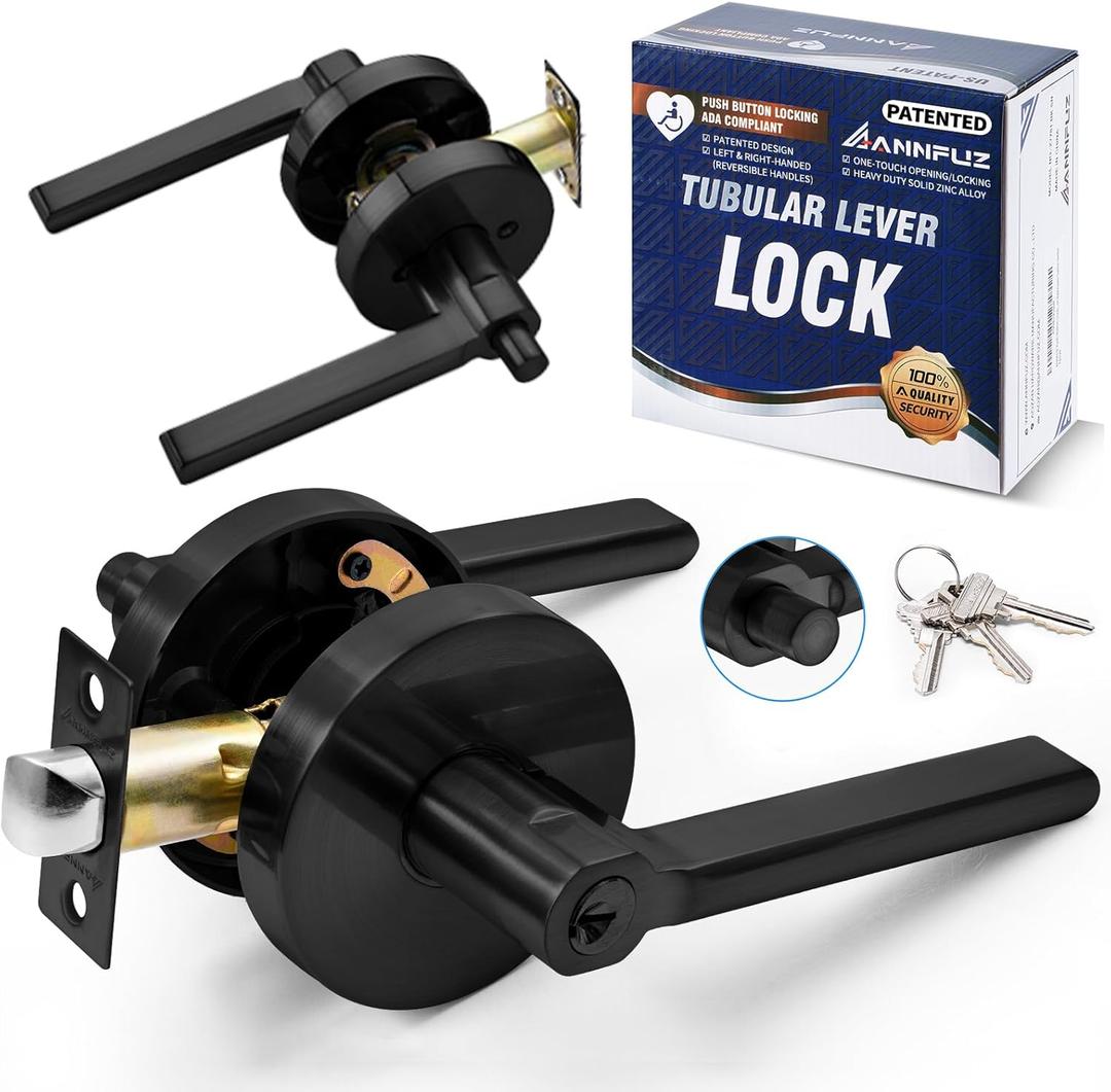 Entry Round Push Button One-Touch Locking Door Handle with Keys,Interior Non-Handed Opening,Reversible Left Right Door Knob,ADA-Compliant,Entrance Lever Lock for Office,Bedroom,Bathroom