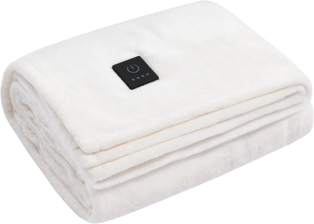 Dreamaker One-Touch Fleece Electric Heated Throw Blanket, 50x60 inches - Cozy, Machine Washable, with 4 Adjustable Heat Settings & Built-in Remote - Ultimate Comfort for Cold Nights - Off White