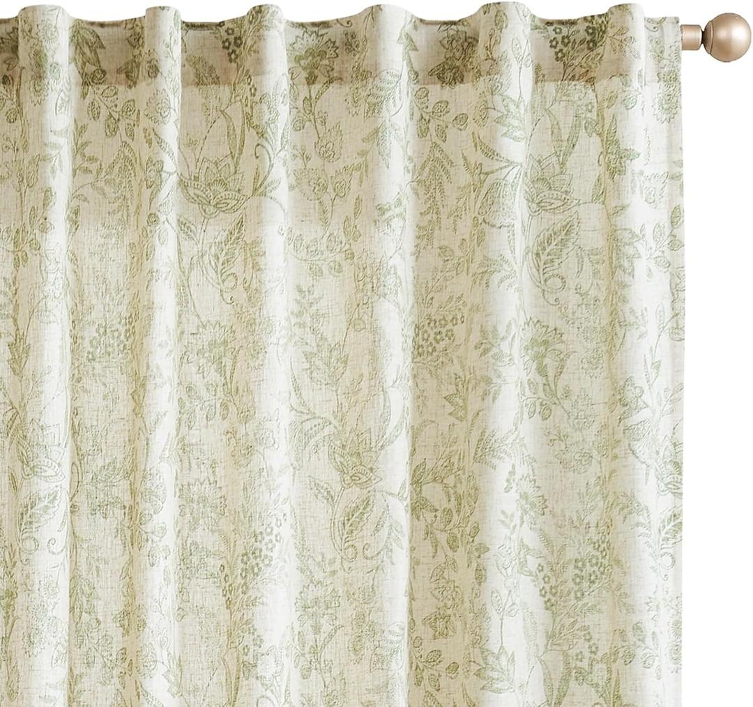 Vangao Green Floral Linen Blend Curtains for Living Room 84 Inches Long Farmhouse Curtains for Bedroom Vintage Print on Beige Light Filtering Window Drapes Back Tab Rod Pocket 2 Panels